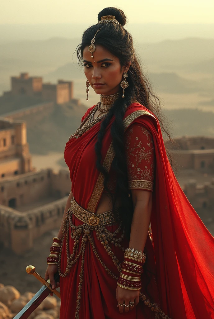 
Rani Lakshmi Bai atop a fort: Her standing atop Jhansi Fort, sword in hand, surveying the vast landscape below, symbolizing her reign and command over Jhansi. Historical images in 9:16 ratio 