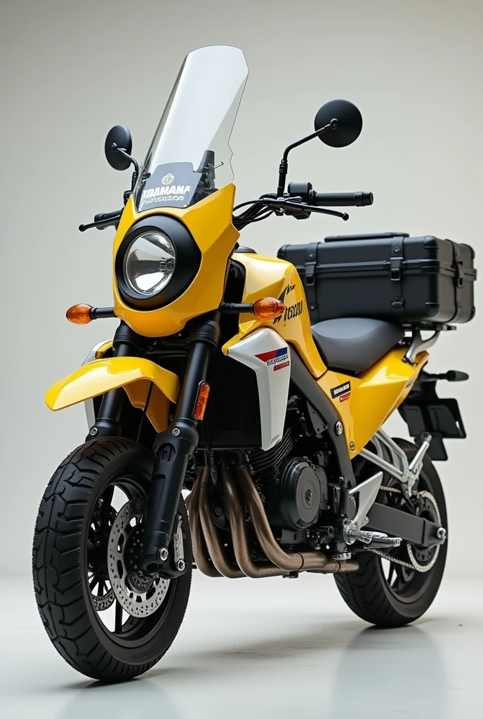 Automatic scooter motorcycle 250cc yellow with gray and white rescue type metal exoskeleton with suitcases on the sides and back high loading area round headlights like a Yamaha BWS rigid simple design without covers on the sides Panamericana brand