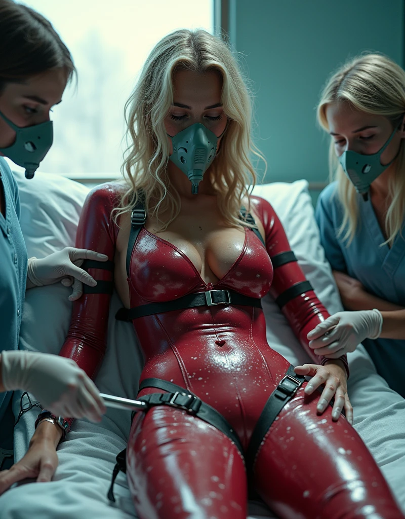 (highly detailed) Hot young tennage girl is wearing dark matte cherry winter latex suit with black elements suit is covered in sweat that reflect the light of the sun she has blond wavy hair freckles and her ass is bigger her brest is big HD real photo 8K she is fit her waist is slim she is looking very young her brest is very big she curves her ass on her waist is belt her hair is covered in snow winter she also wears tight dark cherry climbing harness around her ass she is wearin boots witu fur her face is looking very young and thin snow is lying on every part of her suit Snow is on her ass and brest she is looking young and happy she wears pilot oxygen mask that lookes like conected to pipe on her nose and mouth she is lying on a hospital bed she is in hospital building her arms are tide to a hospital bed she is straped by leather straps to hospital bed her eyes are closed Nurse is standing next to her nurse looks the same as girl. Two Nurses are using vibrator on girl body girl is wearing on her face and nose pilot Ambu bag girl is straped to hospital bed by leather straps nurse is wearing pilot oxygen maskon her face and nose that lookes like is conected to pipe girl is looking worried Nurses are looking like she nurse is wearing latex gloves