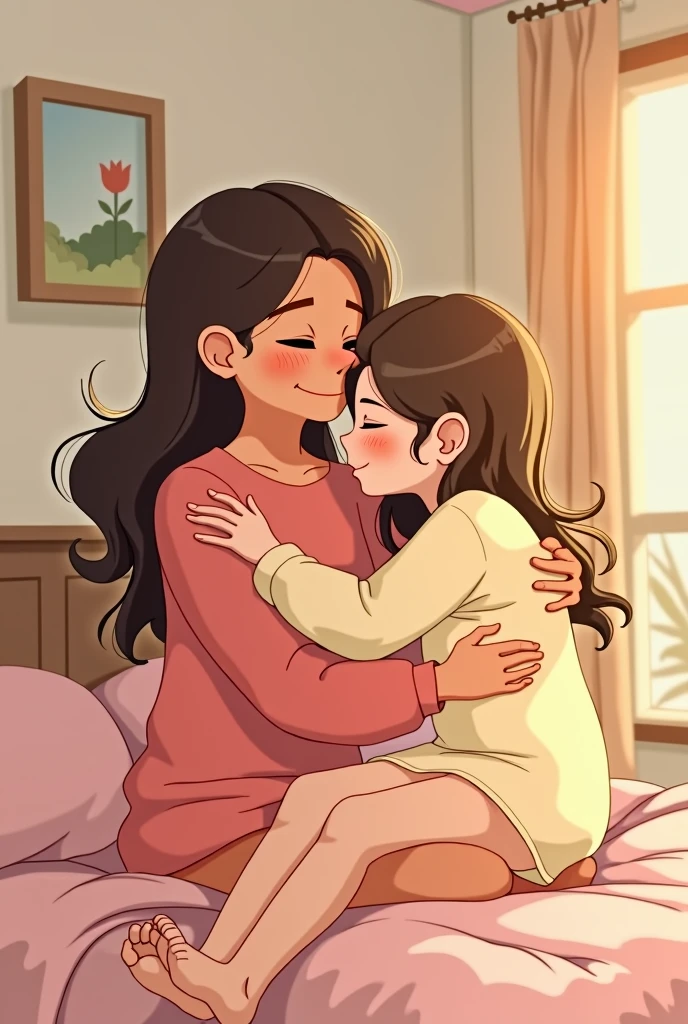 cartoon of a couple hugging each other on a bed, hugging, hugs, maternal, hugging each other, figure!, Embrace each other, By Miroslava Sviridova, mother, hug, put your arms around her neck, hugging and cradling, Keren Katz, by Haku Maki, Oswald Vitelli, Cute artwork, Lesbian Art, Ruth Jen