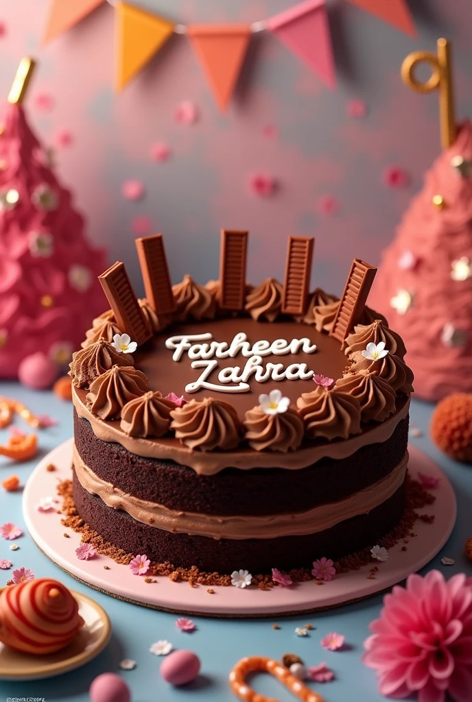 A beautiful chocolate KitKat cake name on tha cake is Farheen zahra and celebrate with a beautiful background