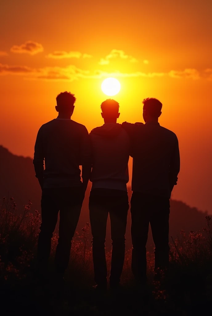 Three men friends in black shadow back side background nature and sun .all friends see the sun
