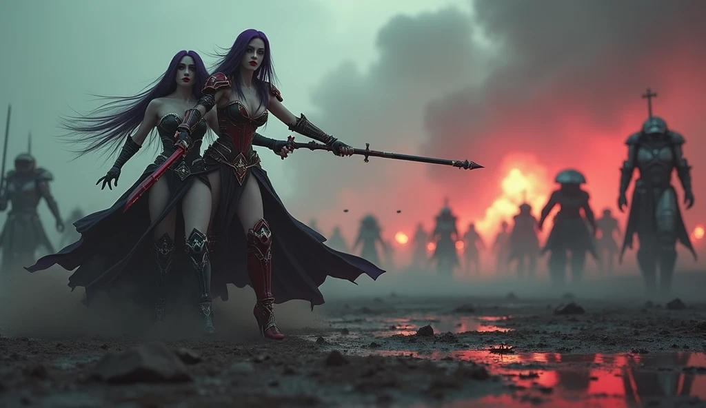 Masterpiece, Best Quality, Official Art, (Highly Detailed CG Unity 8k wallpaper), Detailed background, (Hands by Guido Daniele: 1.1). Full body pose sexy sisters of battle from the warhammer 40k, shooting at the enemy, white armor with intricate details, red armor with intricate details, religous symbols on the armor, sisters of battle, warhammer 40k, Massive silicone breast, pale skin, seductive, temptation, eat your soul, clevage, long flowing black hair with purple highlights, heavy gothic makeup, at night, neon, beautiful detailed eyes, beautiful detailed lips, extremely detailed eyes and face, long eyelashes, highly detailed armor, intricate futuristic weaponry, dramatic lighting, cinematic composition, muted color palette, gritty and realistic, mecha, science fiction, hyper-detailed, photorealistic, award winning digital art, 8k, HDR, masters work, in the middle of a battle field, full body combat action pose, explosions and fire around, full war, stunning, Stilleto heels, high heels, full body pose, cinematic, movie trailer, final stand!, nemesis, ready to strike, dust and debree, combat screams, attacking, shooting at the enemy, running forward, last line of defense, charging, fanatic, religious, templar knights, sisters of battle, warhammer 40k