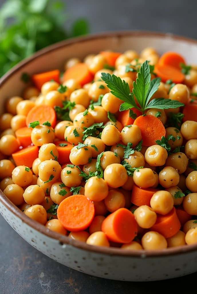 Create an image of this recipe: Chickpea and Carrot Salad with Lemon Ingredients:

- Cooked chickpeas: 200 g - Carrot: 100 g - Fresh parsley: 10 g - Lemon juice: 15 ml - Olive oil: 15 ml
- Sal: 5 g - Pepper: 2 g Preparation:

1. Steam or boil the carrot until tender., then cut it into thin slices.

2. In a large bowl, Mix the chickpeas with the carrot.

3. Chop the parsley and add it to the mixture..

4. In a small container, Combine the lemon juice, olive oil, salt and pepper.

5. Pour the dressing over the salad and mix well..

6. Serve cold or at room temperature.
