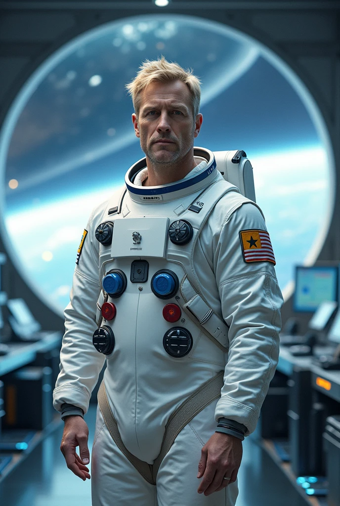 North American man, blond hair. Caucasiana. 40 year old. He is wearing a white astronaut suit, in a control zone of a new space