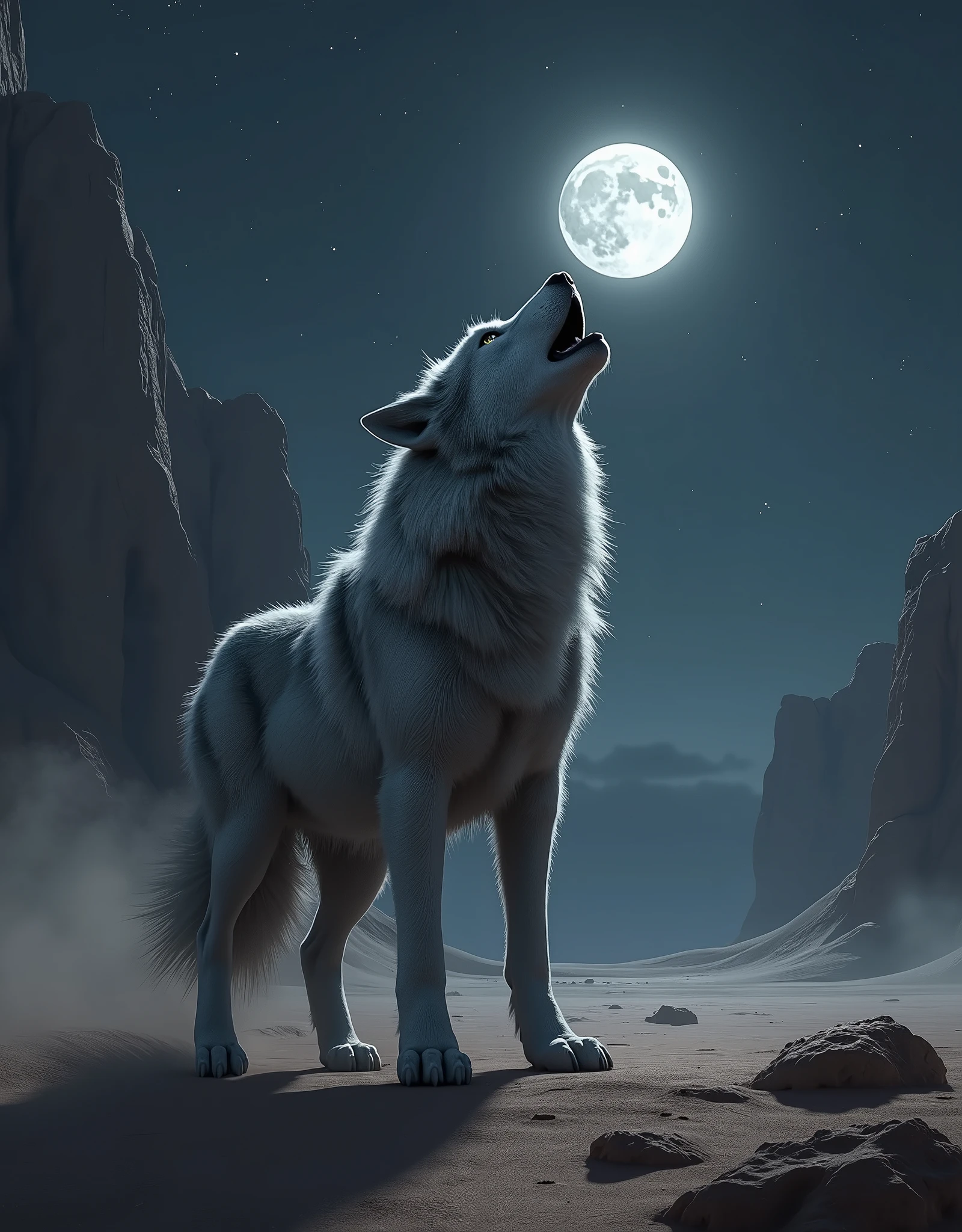 a big gray wolf howling in the middle of a desert at night