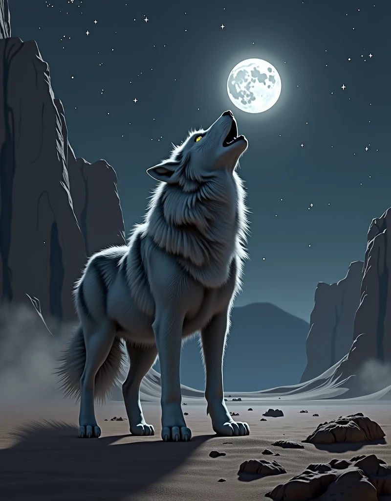 a big gray wolf howling in the middle of a desert at night