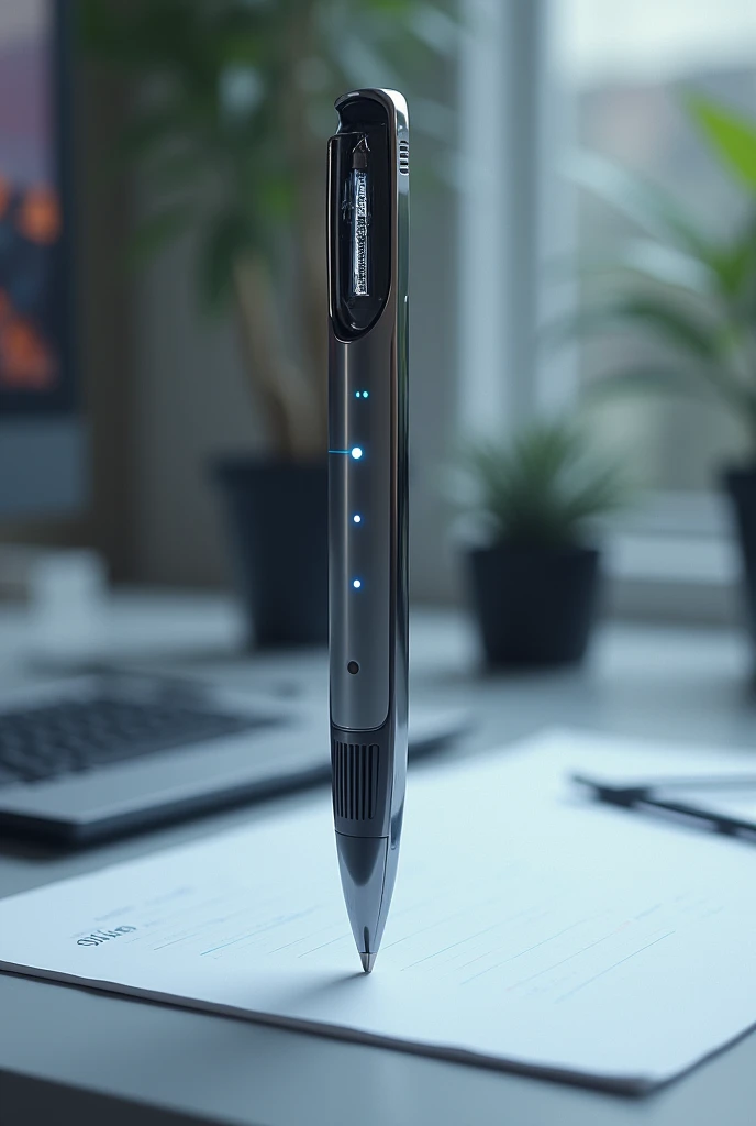 Self-writing pen with microphone that looks technological 
