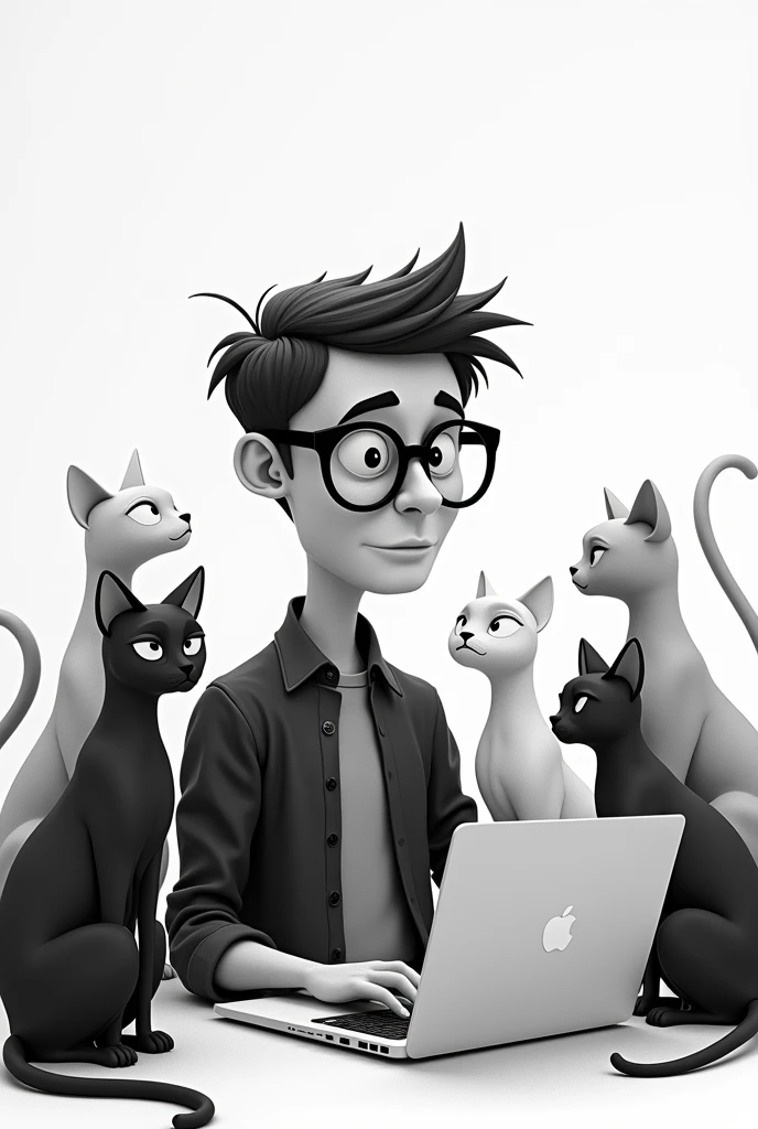 Norman 3 using laptop with cats color black and white