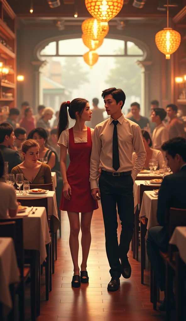 a young waitress in a resturant with a nervous expression, guiding customer to a table near the center of the restaurant. The area is busy with waitstaff moving between tables