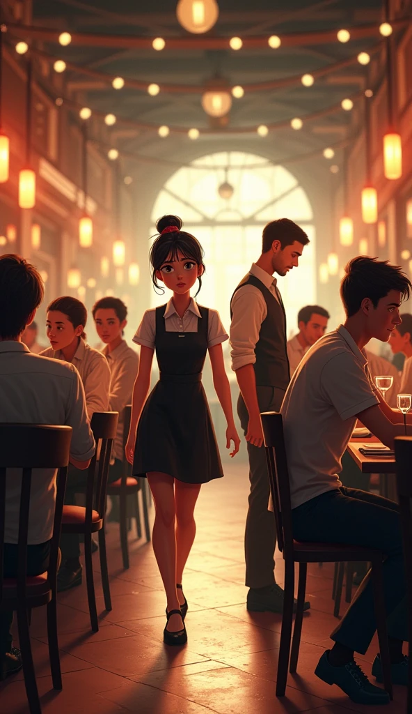 a young waitress in a resturant with a nervous expression, guiding customer to a table near the center of the restaurant. The area is busy with waitstaff moving between tables
