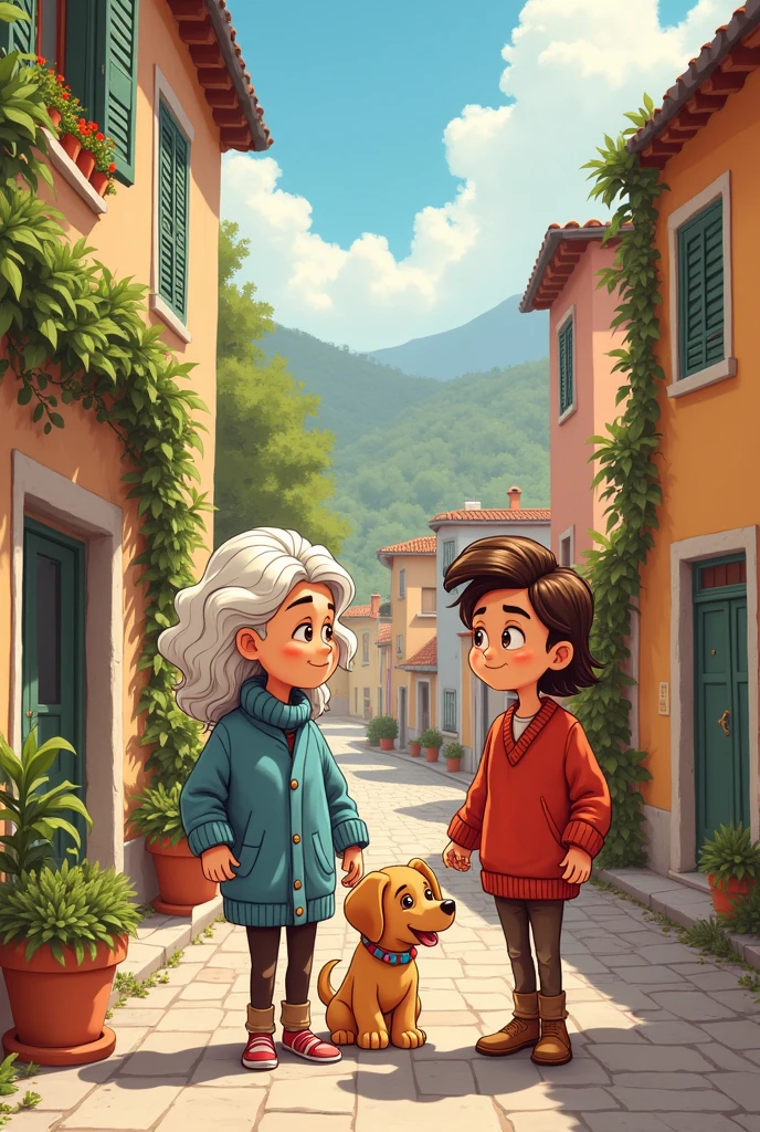 Create the comics of a grandmother, a teenager, a puppy and an Italian