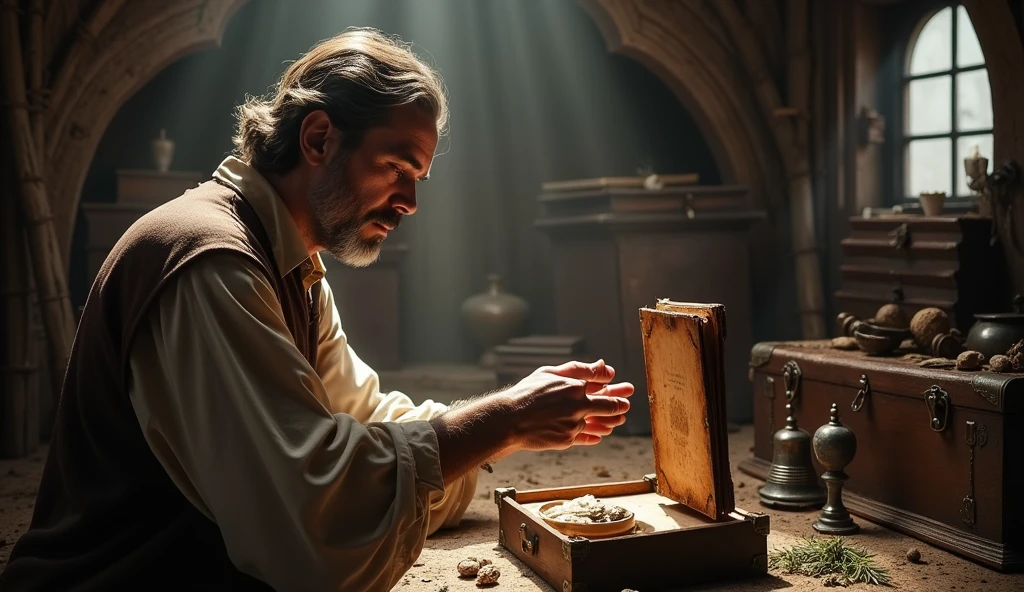 Create an ultra-realistic image of an emotional and mystical discovery. A young man, one of Vô Augusto's descendants, is seen carefully opening an old, weathered wooden chest in a dimly lit attic. Among the dusty artifacts, he finds a worn-out leather-bound notebook, its pages surprisingly well-preserved despite the years. The notebook contains the handwritten prayers of Vô Augusto, filled with simple yet powerful words. The atmosphere is charged with a mystical energy, as if the room itself remembers the spiritual power Vô Augusto once wielded. The young man’s expression reflects awe and reverence as he realizes the significance of the discovery. Surrounding the scene are subtle elements like healing herbs, an old silver bell, and symbols of blessings, all hinting at the profound legacy that Vô Augusto left behind. The overall mood should convey a sense of timeless spirituality, the enduring power of faith, and the magical connection between past and present.