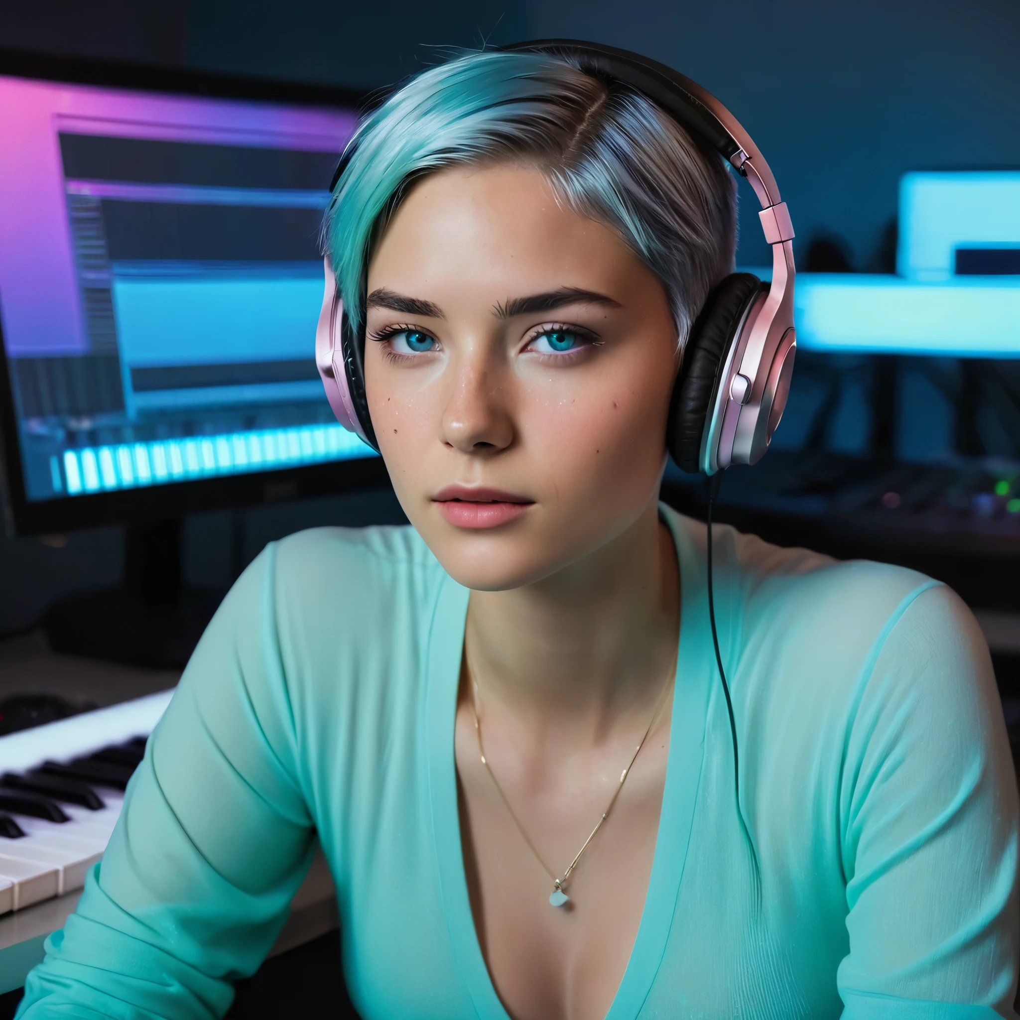 Woman, 20 Years Old, Nordic Ethnicity, short blue hair with a perfect face and light freckles, Blue-Green Eyes, sitting at a sleek, modern music studio setup late at night. She is wearing a stylish, slightly revealing outfit, with headphones on and a cup of coffee on the desk beside her. The lighting is dim and moody, with soft blue and purple neon lights casting gentle shadows, creating an intimate atmosphere. The scene captures her deeply focused on the music, with her fingers lightly resting on a keyboard, surrounded by studio equipment. The background shows a large monitor displaying music production software, with soft light emanating from the screen. The overall mood is creative, intimate, and immersive. ((Color palette - turquoise, neoen green, neon pink))