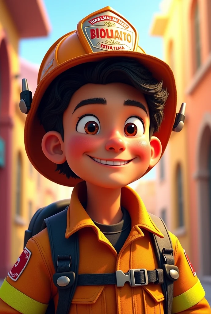 A dark haired indigenous man with dimples dark brown eyes in a firefighter outfit with the text "enzo gabriel" pixar style invitation