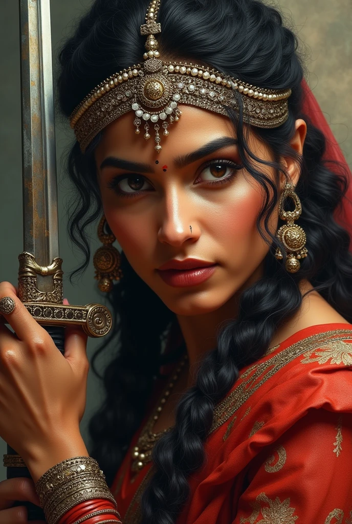 Make a portrait of mysterious Indian queen with wearing lots of jewellery crying in lord shiva temple covering in blood