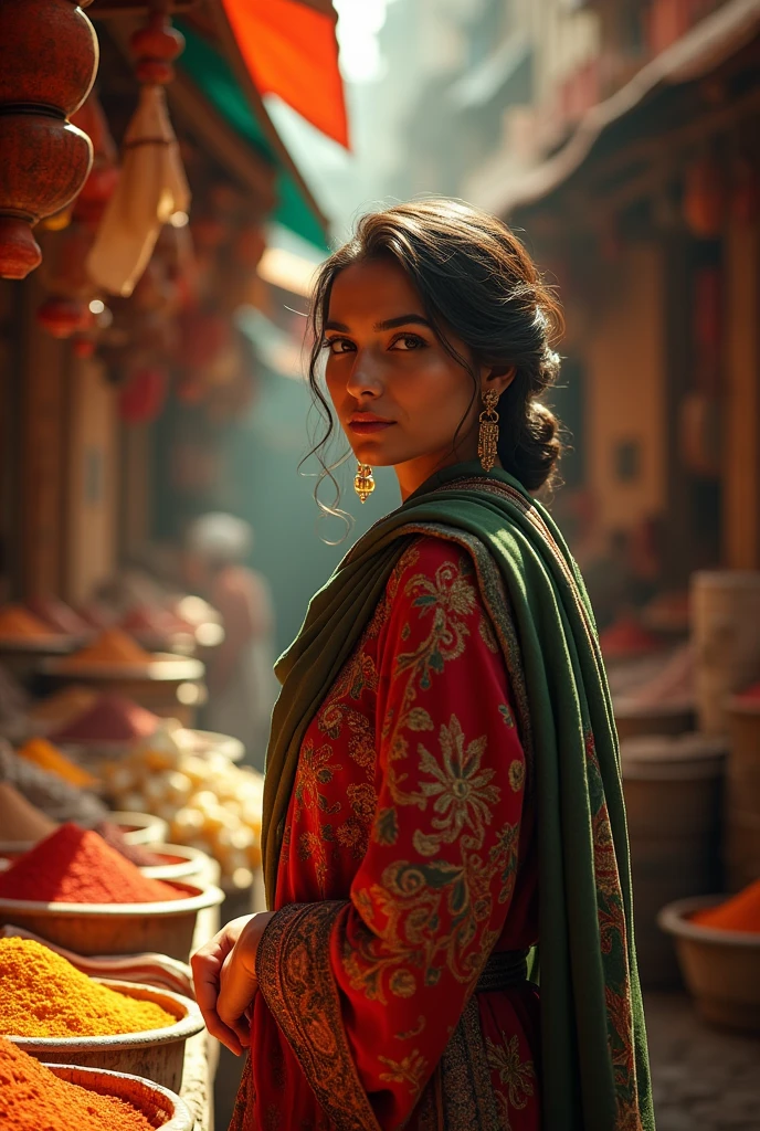 a beautiful arab woman exploring a spice market, colorful spices and fragrant aromas, vibrant colors, bustling marketplace, intricate patterns, warm lighting, detailed facial features, elegant traditional clothing, graceful pose, candid street photography, cinematic atmosphere, hyper-realistic, 8k, extremely detailed, masterpiece