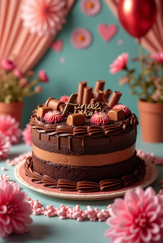 A beautiful chocolate KitKat cake name on tha cake is Farheen zahra and celebrate with a beautiful background