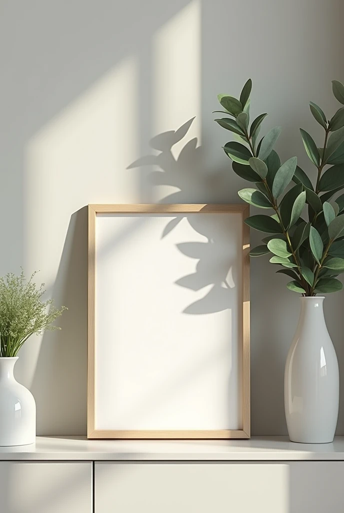 an empty picture frame on a modern night stand with a vase with greens