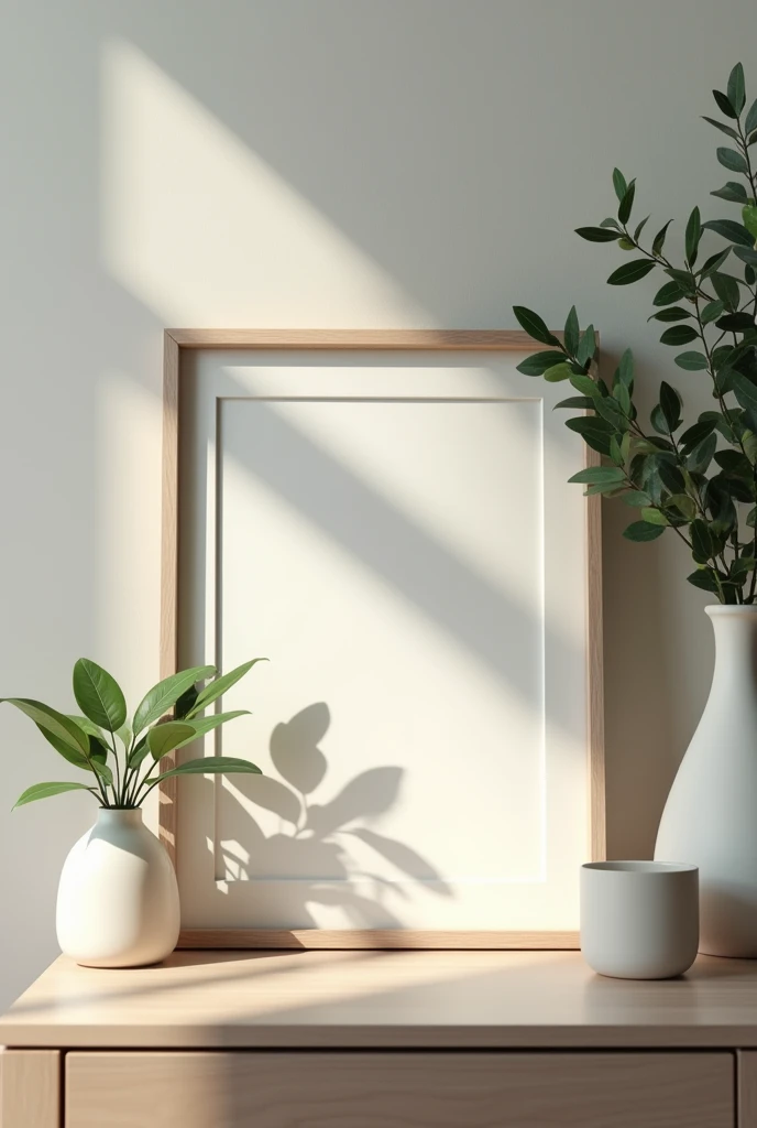 an empty picture frame on a modern night stand with a vase with greens