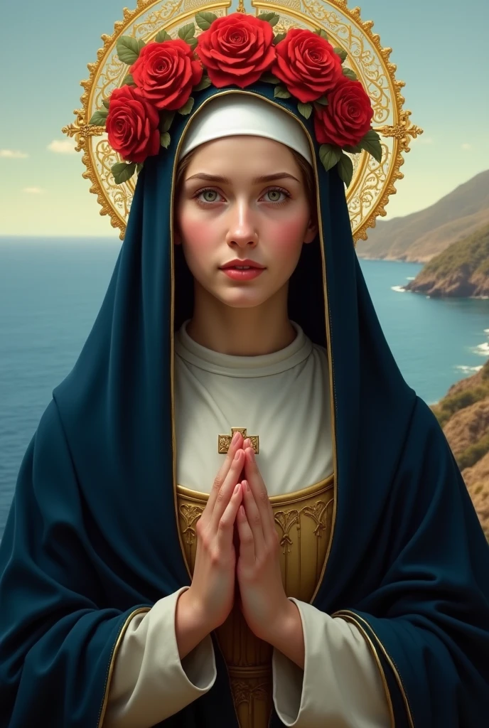 Saint Rose of Lima: Woman with sweet smiling face looking at the coast , dark navy blue nun's veil, and a crown of red roses on her head and a cross in her hand, posture like the Virgin Mary