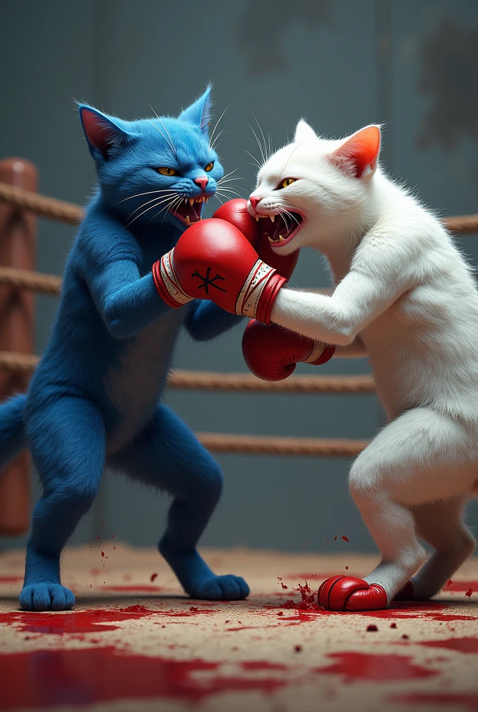 Mavi kedi ve beyaz kavga etsin ve kan aksın kediler kaslı olsun ve ellerinde boks eldiveni olsun gerçekçi olsun ringte olsun 8k