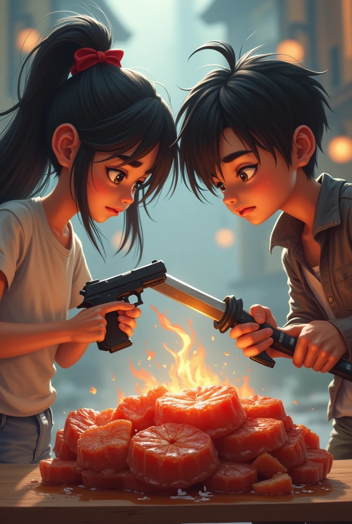 A girl and a boy figthing over a pork barbecue. With the boy wielding a sword and the girl with a gun