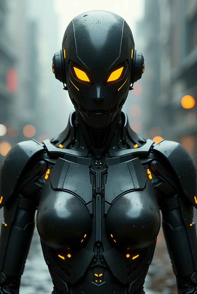 create a dark futuristic robot image+yellow, technological sense, SHOULDERS AND FACE
