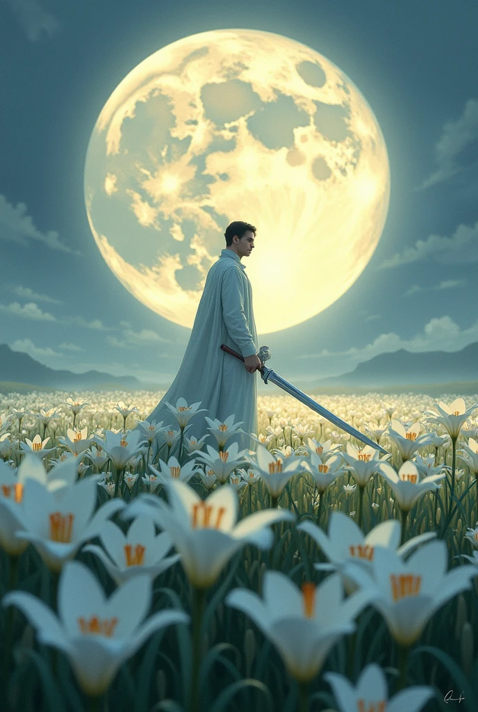 A field of white lilies with a man holding a sword in the middle and a full moon in the sky