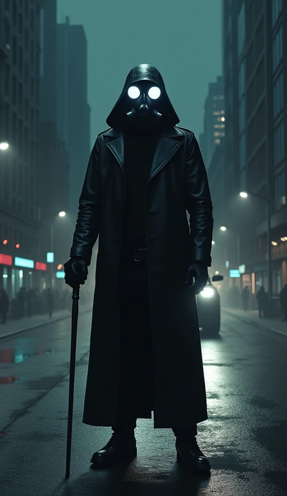 A man wearing a black gas mask and a long black leather jacket, the glasses on the gas mask glow white, black gloves on his hands, and a cane in one hand, standing in the middle of the dark and wide city in the middle of the night, and a large car light illuminates his figure behind the man