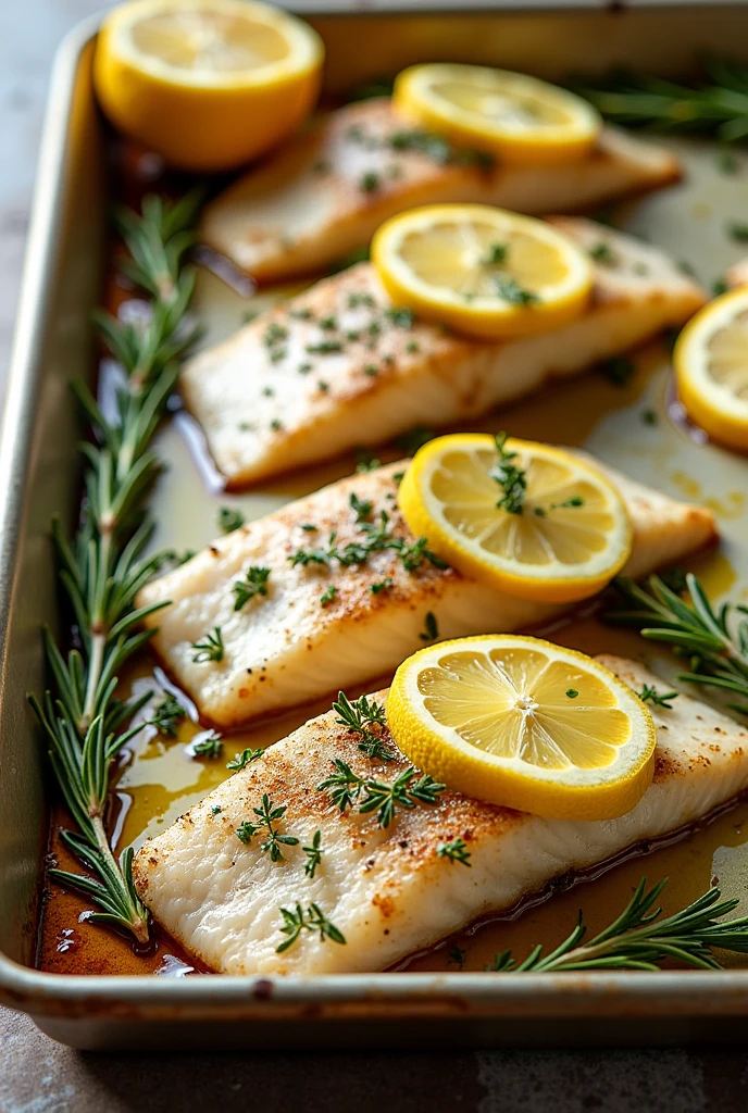 Create an image of this recipe: Baked Tilapia Fillets with Lemon and Herbs Ingredients:
- Tilapia fillets: 200 g - Lemon: 1 unit - Fresh thyme: 5 g
- Romero fresco: 5 g - Olive oil: 15 ml
- Sal: 5 g - Pepper: 2 g Preparation:
1. Preheat the oven to 180°C.
2. Place the tilapia fillets on a baking sheet.
3. Season with salt, pepper and a splash of olive oil.
4. Squeeze lemon juice over the fillets and place lemon slices on top..
5. Sprinkle with fresh thyme and rosemary..
6. Bake for 15-20 minutes, until the fish is cooked.
7. Serve hot.