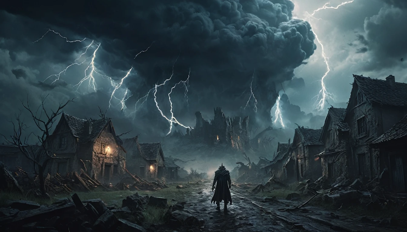 Realistic, ultra-detailed and ruined village landscape, stormy skies, huge lightning bolts on the horizon, shadowy colossal figure of the Demon King emerging from the clouds, tremors shaking the ground, deceiving people fleeing in the foreground, dark fantasy atmosphere, intense and dramatic lighting, 4k, 8k quality, cinematic tension, realistic textures.
