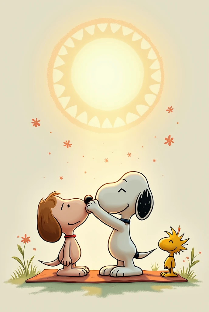 Animated surreal design of snooopy woodstock character , doing yoga with a namaste background