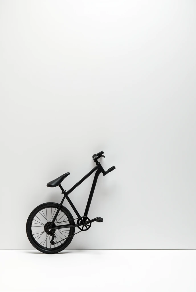 A bicycle on its side painted matte black with a paper background 