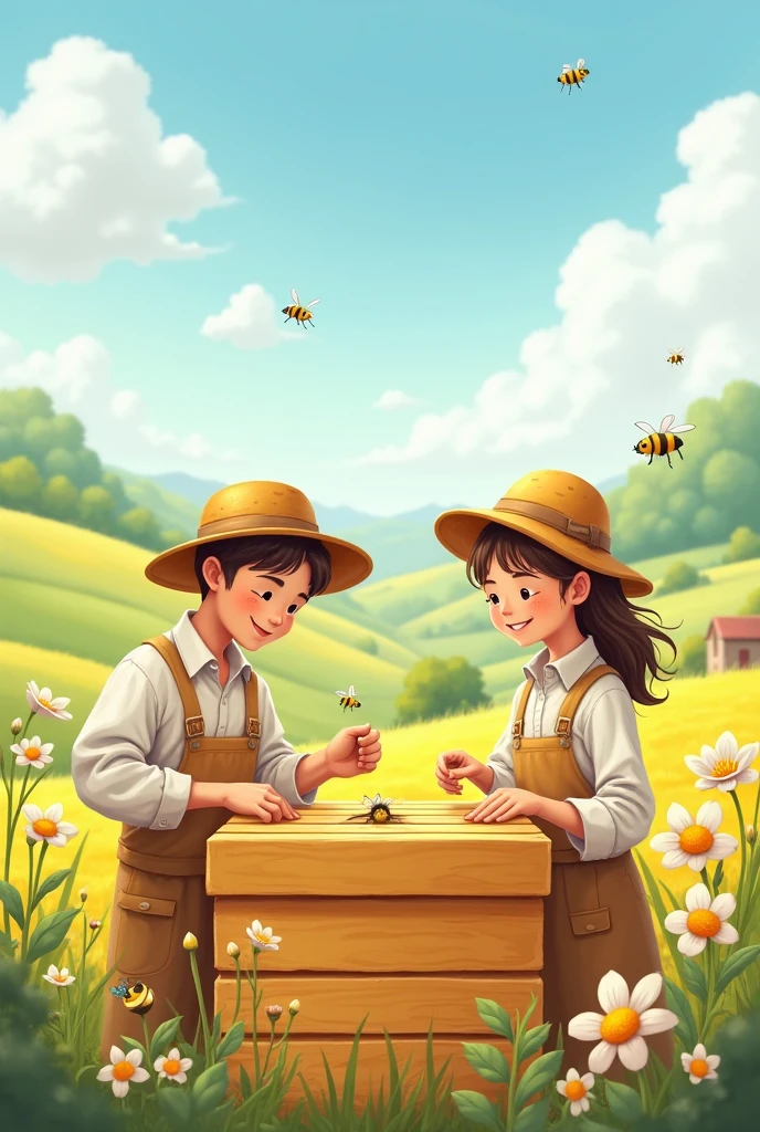 men and women beekeepers working on a farm with bees, cute and tender drawing