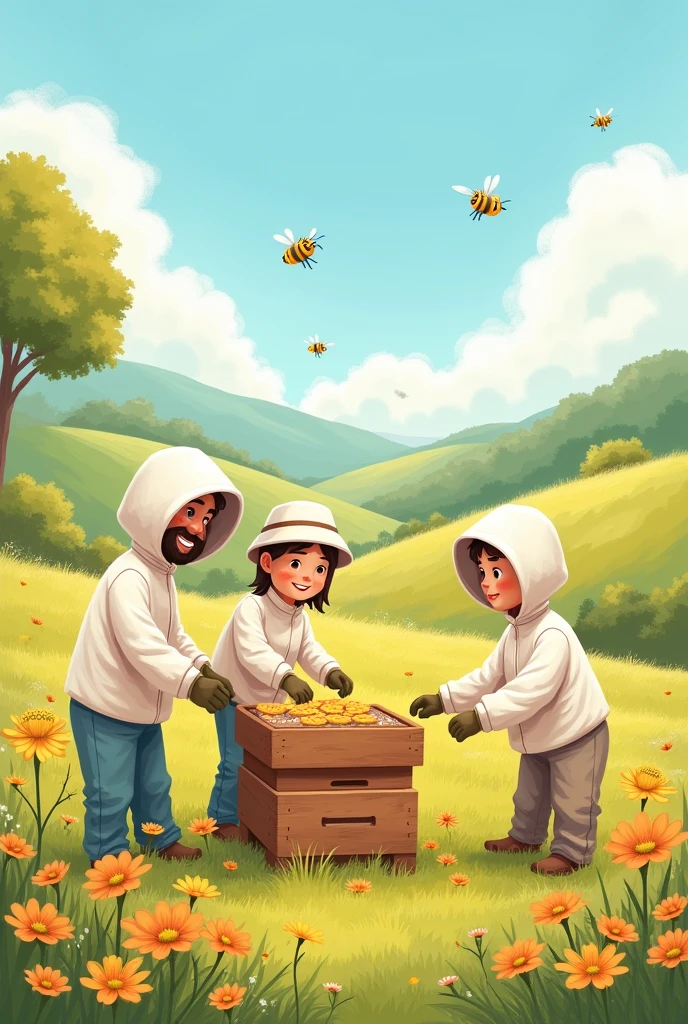 men and women beekeepers working on a farm with bees, cute and tender drawing
