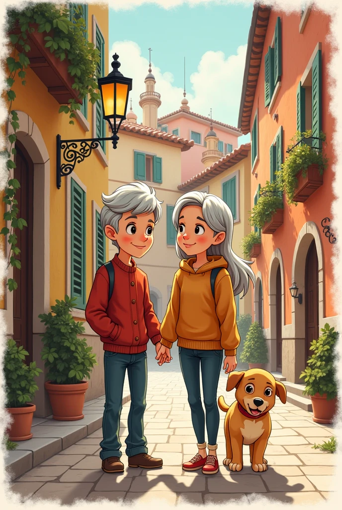Create the comics of a grandmother, a teenager, a puppy and an Italian