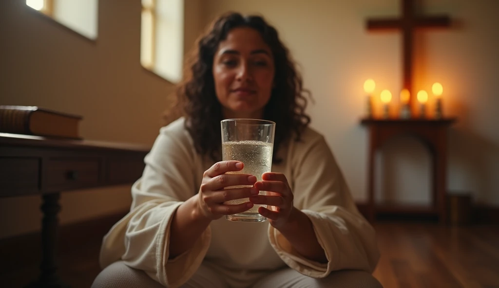 Create an ultra-realistic image capturing a moment of deep spiritual preparation. A person is seated in a serene, softly lit room, holding a glass of water in their hands. The atmosphere is filled with a sense of calm and reverence as they prepare for a powerful blessing. On the wall behind them, there’s a small wooden cross, symbolizing their faith. The person’s expression reflects focus and anticipation as they prepare to drink the water after the blessing. The room is simple but warm, with subtle elements like a Bible, a few candles, and a soft glow of sunlight filtering through a window, creating an aura of divine presence. The scene should convey the sacredness of the moment, emphasizing faith, gratitude, and the power of spiritual rituals to transform lives.