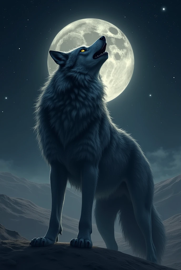 a big gray wolf howling in the middle of a desert at night