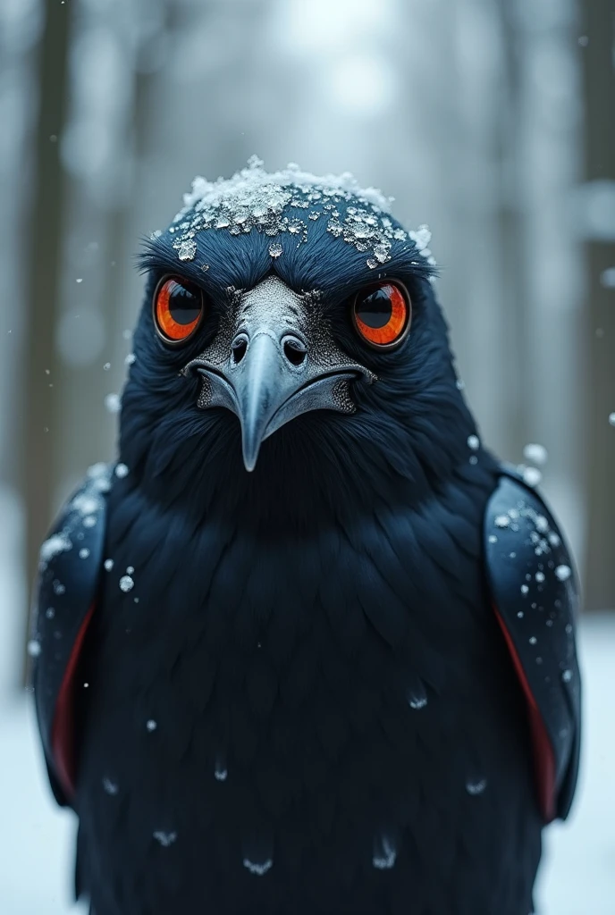 8k, high definition, detailed, realistic, (master view),(best quality, masterpiece:1.2),,  photon mapping, radiosity, physically-based rendering, best quality, highly detailed, robot big eyes, outdoors,  (l, freezing and lost in the forest, snow, The face of a crow with sleepy eyes and an orange tip