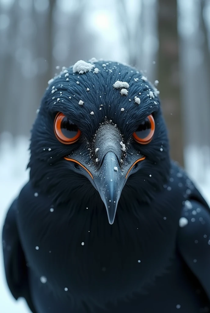 8k, high definition, detailed, realistic, (master view),(best quality, masterpiece:1.2),,  photon mapping, radiosity, physically-based rendering, best quality, highly detailed, robot big eyes, outdoors,  (l, freezing and lost in the forest, snow, The face of a crow with sleepy eyes and an orange tip