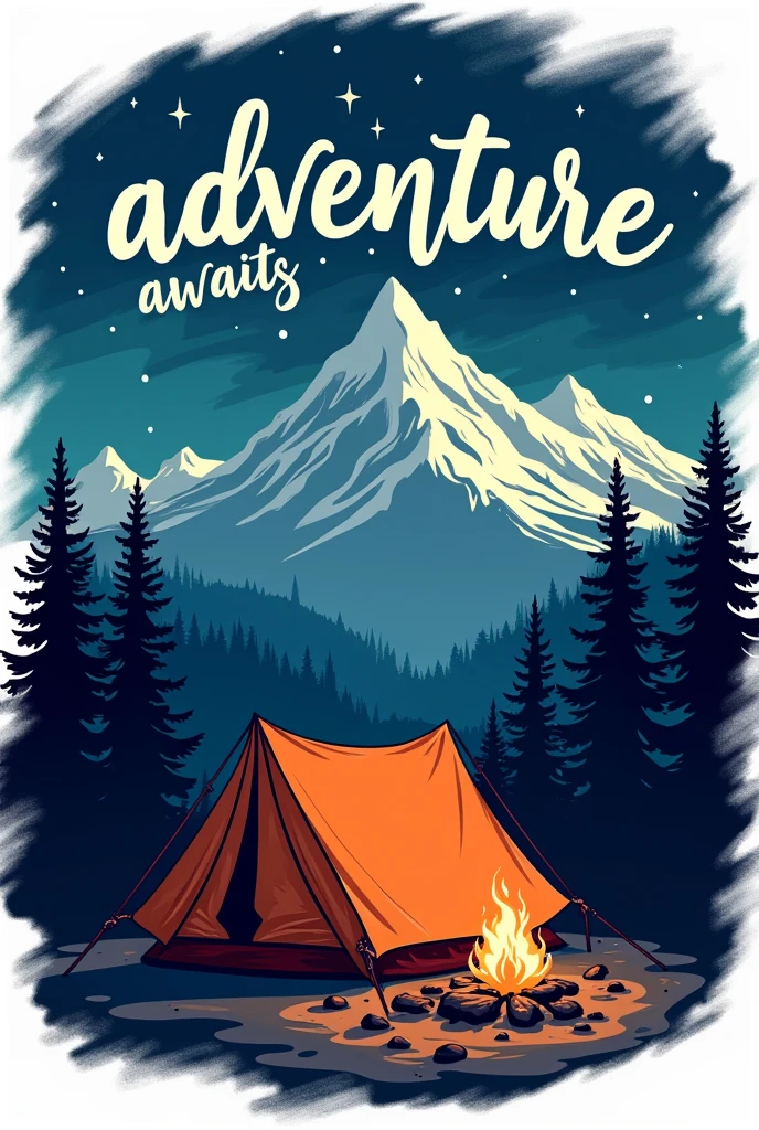A clear and bold illustration of a scenic mountain landscape with solid, dark silhouettes of tall mountains in the background. In the foreground, a detailed, solid-color tent is pitched, with a small campfire nearby emitting a swirling trail of smoke. Above, bright stars are scattered across the sky. All elements are distinct and separate from the background, each with a thick white outline around them to ensure they stand out clearly. Include the text 'Adventure Awaits' in a bold, hand-drawn style font with a thick white outline as well, positioned above the tent. The overall design should have a cohesive and vibrant look, perfect for a T-shirt, and maintain its clarity when the background is removed.