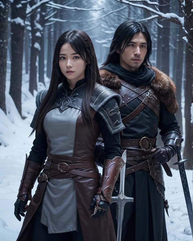 Please generate a picture of a man standing with a sword in front of me for my online novel,The woman behind is extremely beautiful HD cover,This is its introduction:Winter is coming,The fate of Skyrim hangs by a thread。The Thalmor's cavalry tramples this ancient land,The shadow of the dragon looms over the world。And he,Relos,A humble bastard,But holds the power to change everything - the blood of the Dragonborn。 But it's not salvation he desires,But conquer。He will pave a bloody road to the pinnacle of power with iron, blood and fire,Stepping on the corpses of enemies,Ascend the and cold throne。