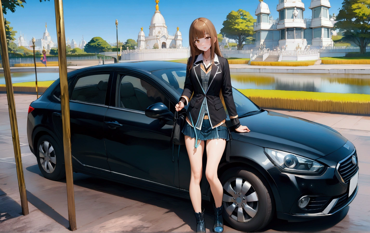 realistic anime illustration of adorable young woman is posing around black car, she has dyed brown long straight hair with bangs, wears black blazer, denim mini skirt, black boots, (1girl, solo, full body), (masterpiece, best quality, japanese anime style), (expressive eyes, perfect face)
