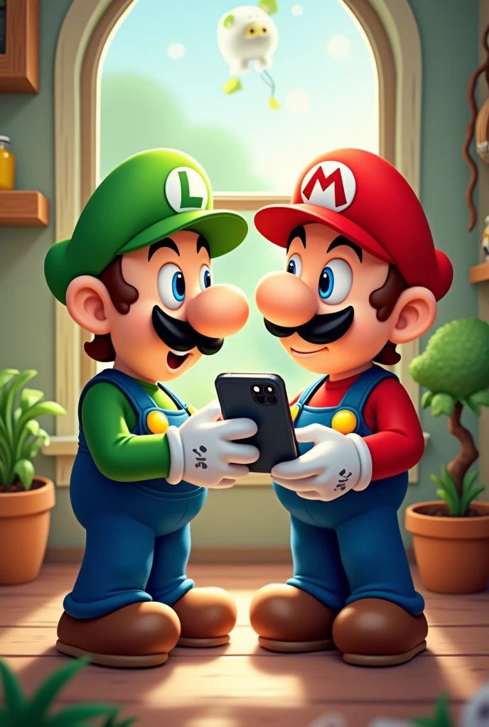 Luigi bros playing with cell phone