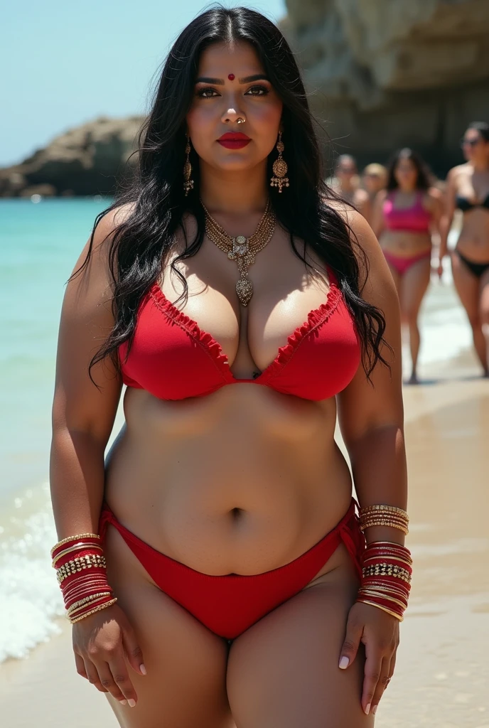 Wet CURVY FIT PAWG MARRIED INDIAN BRIDE, full body picture , BBW Wet curvy, wet Desi Bhabhi showing her big ass in sexy thong One piece Swimsuit and showing cleavage and in nose ring, many RED and Gold bangles in hands,earings, necklace ,lipstick ,navel,Indian, Chubby, showing her curves in sea water, sea waves , rocks, Group of lesbian women, Henna Mehendi, with husband and children 