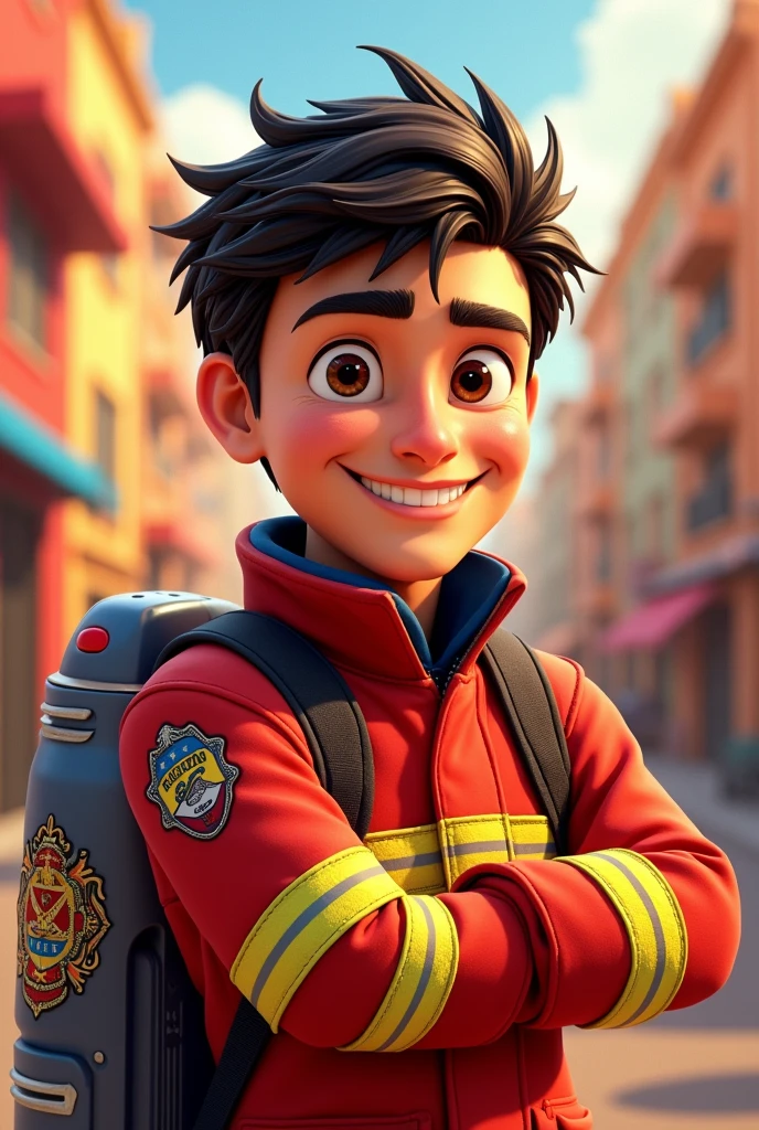 A dark haired Paraguayan with dimples dark brown eyes in a firefighter outfit with the text "enzo gabriel" pixar style invitation