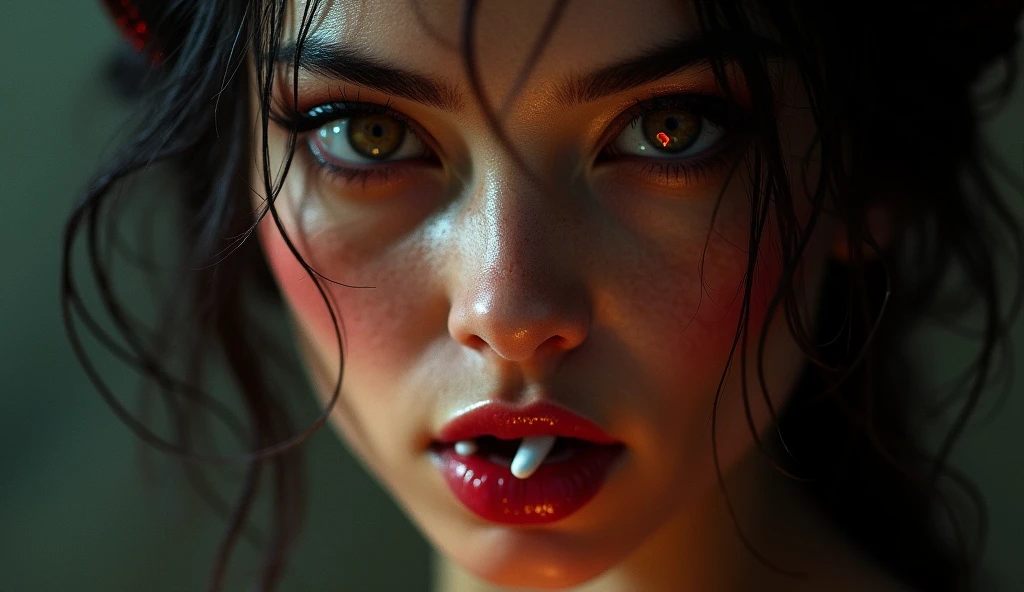 A close-up of a beautiful and sexy demon woman’s face. Her skin has a subtle reddish hue, with sharp, elegant horns emerging from her forehead. Her eyes are intense and glowing, and she has a pill delicately resting between her lips, giving her a seductive yet dangerous look. The lighting highlights her sharp features, emphasizing her alluring and devilish appearance.”