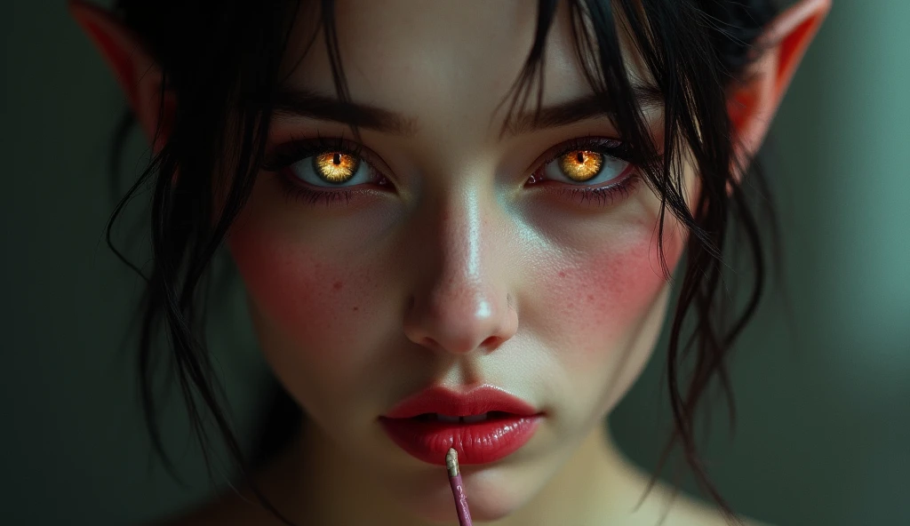 A close-up of a beautiful and sexy demon woman’s face. Her skin has a subtle reddish hue, with sharp, elegant horns emerging from her forehead. Her eyes are intense and glowing, and she has a pill delicately resting between her lips, giving her a seductive yet dangerous look. The lighting highlights her sharp features, emphasizing her alluring and devilish appearance.”