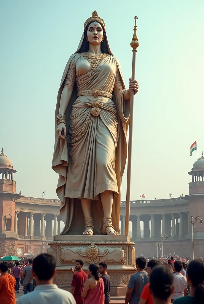 Statue of Rani Lakshmi Bai: A beautifully crafted statue in a public square, symbolizing her legacy, with people gathered around.Historical images in 9:16 ratio